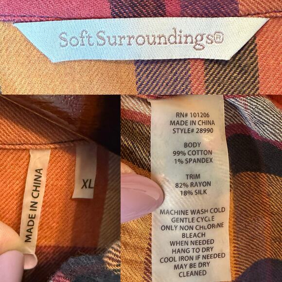 Soft Surroundings Plaid Button Front Swing Tunic Velvet Placket Top size XL - Picture 6 of 6